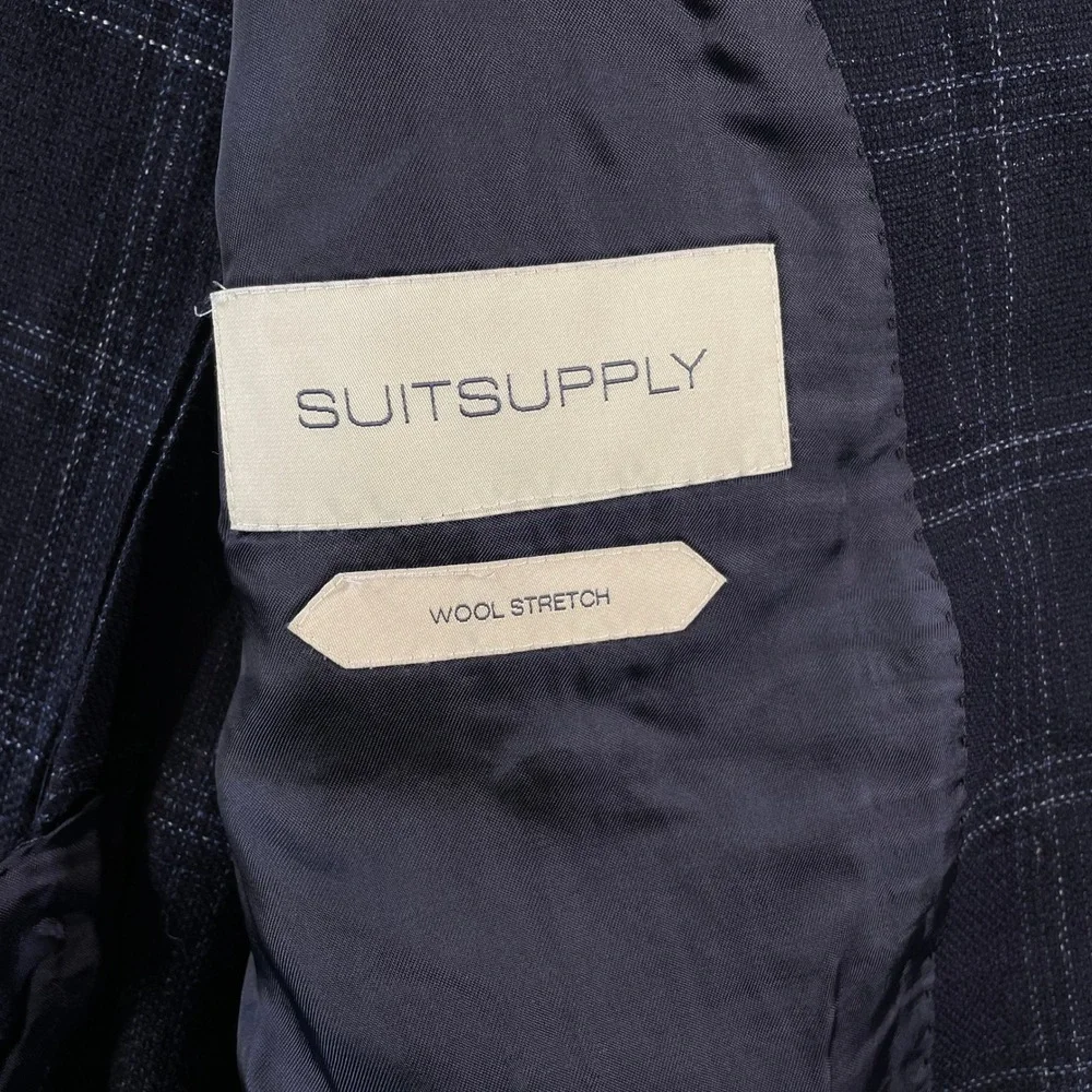 Suitsupply Blazer Sport Coat Mens 46R Navy Blue Windowpane Wool Stretch Office